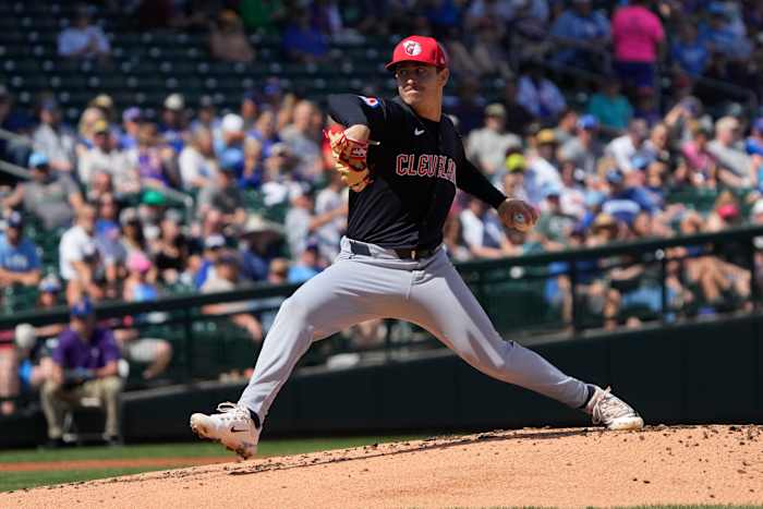 Mar 3, 2024; Mesa, Arizona, USA; Cleveland Guardians pitcher Logan Allen (41) throws against the Chicago Cubs in the first inning at Sloan Park. Mandatory Credit: Rick Scuteri-USA TODAY Sports
